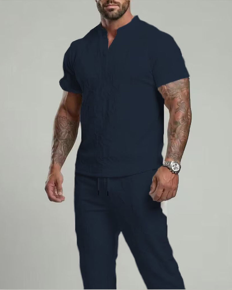 S-3XL Sports Leisure Solid Color V-neck Loose Short-sleeved 2-piece Set