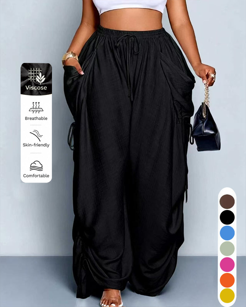 S-5XL Solid Color Drawstring Pocket High Waist Harlan Casual Pants
