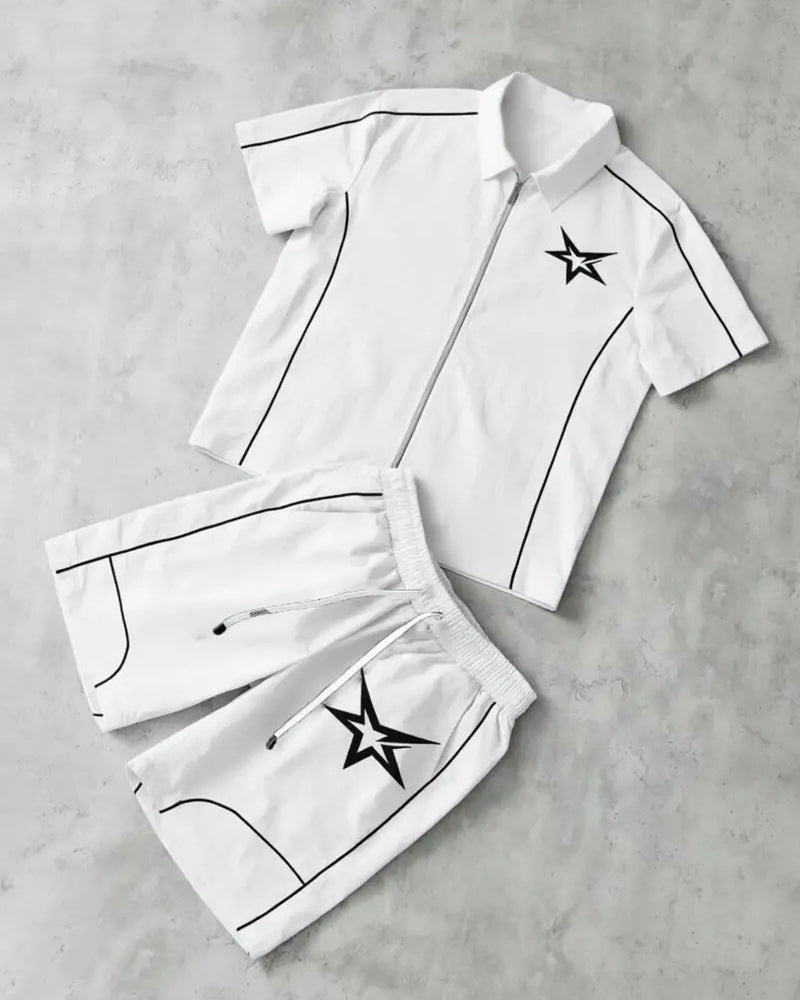S-6XL Star Print Zip Shirt Set Beach Two-Piece Set