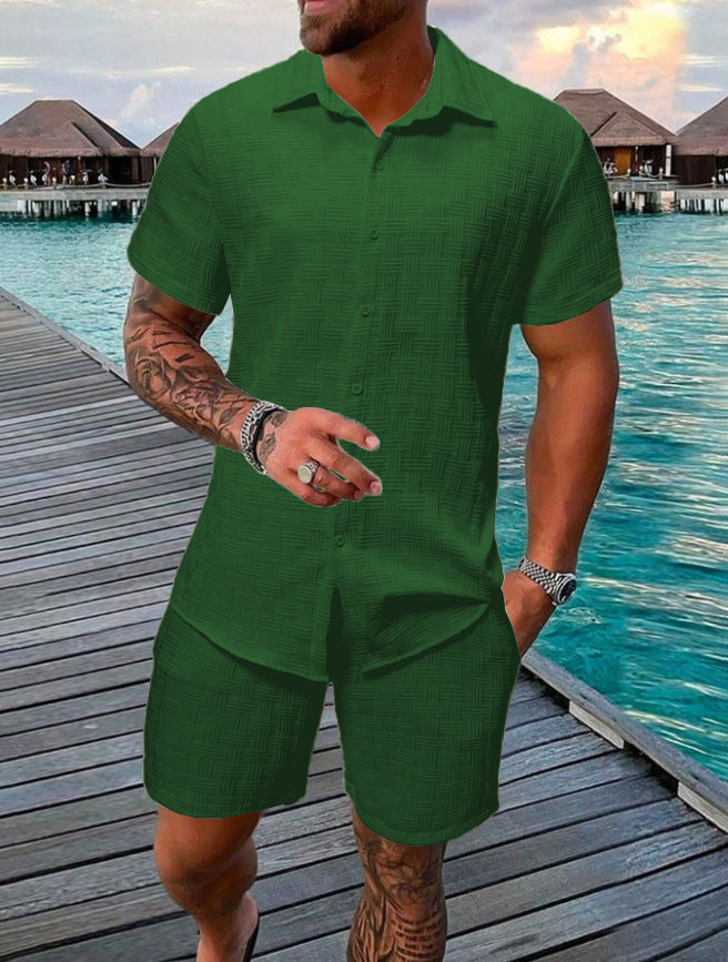 S-3XL Summer Jacquard Solid Color Shirt Shorts Two-piece Set
