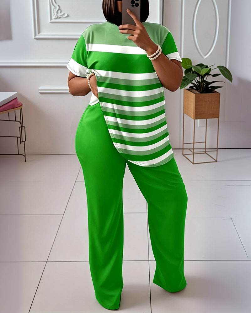 L-5XL Large Size Contrast Striped Short Sleeve Wide Leg Pants Fashion Suit