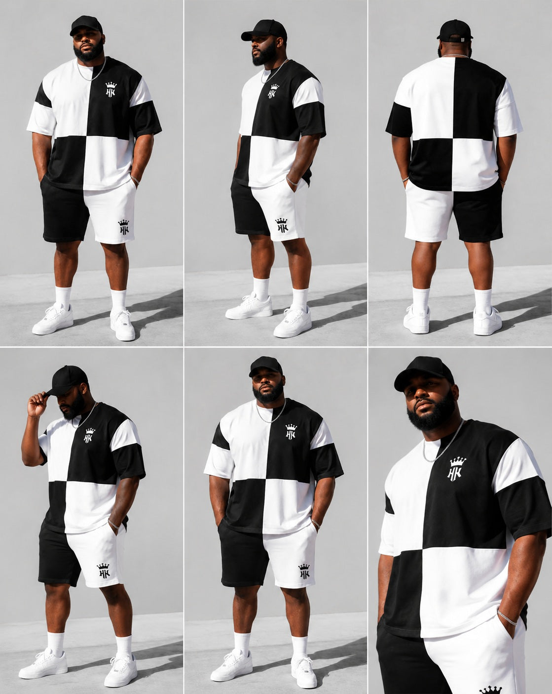 Big & Tall Men's Black And White Checkerboard Stitching Crown Printed Round Neck Short Sleeve T-shirt Shorts Set