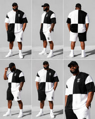 Big & Tall Men's Black And White Checkerboard Stitching Crown Printed Round Neck Short Sleeve T-shirt Shorts Set