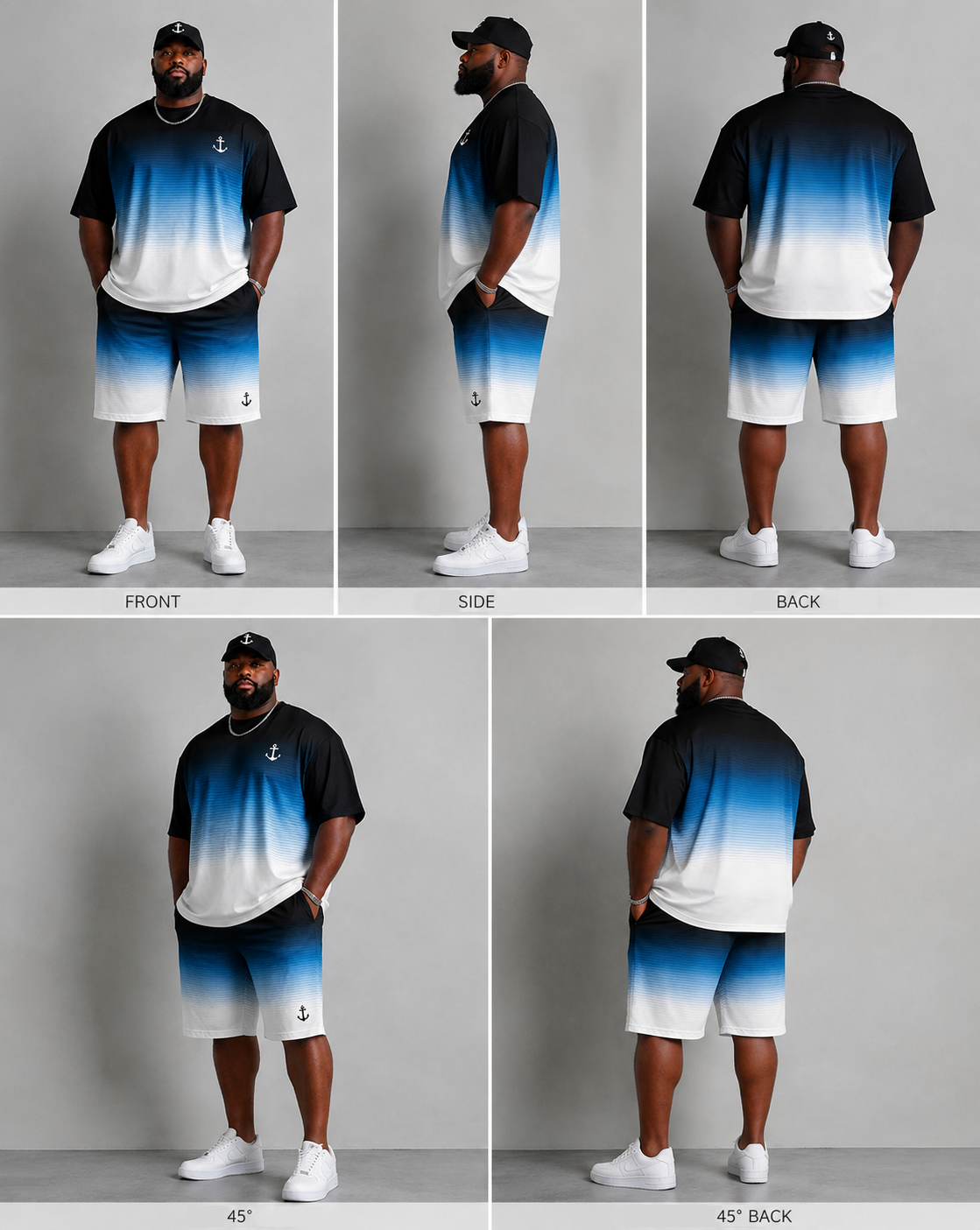 Big & Tall Men's Blue And White Gradient Stripe Anchor Printed Round Neck Short Sleeve T-Shirt Shorts Set