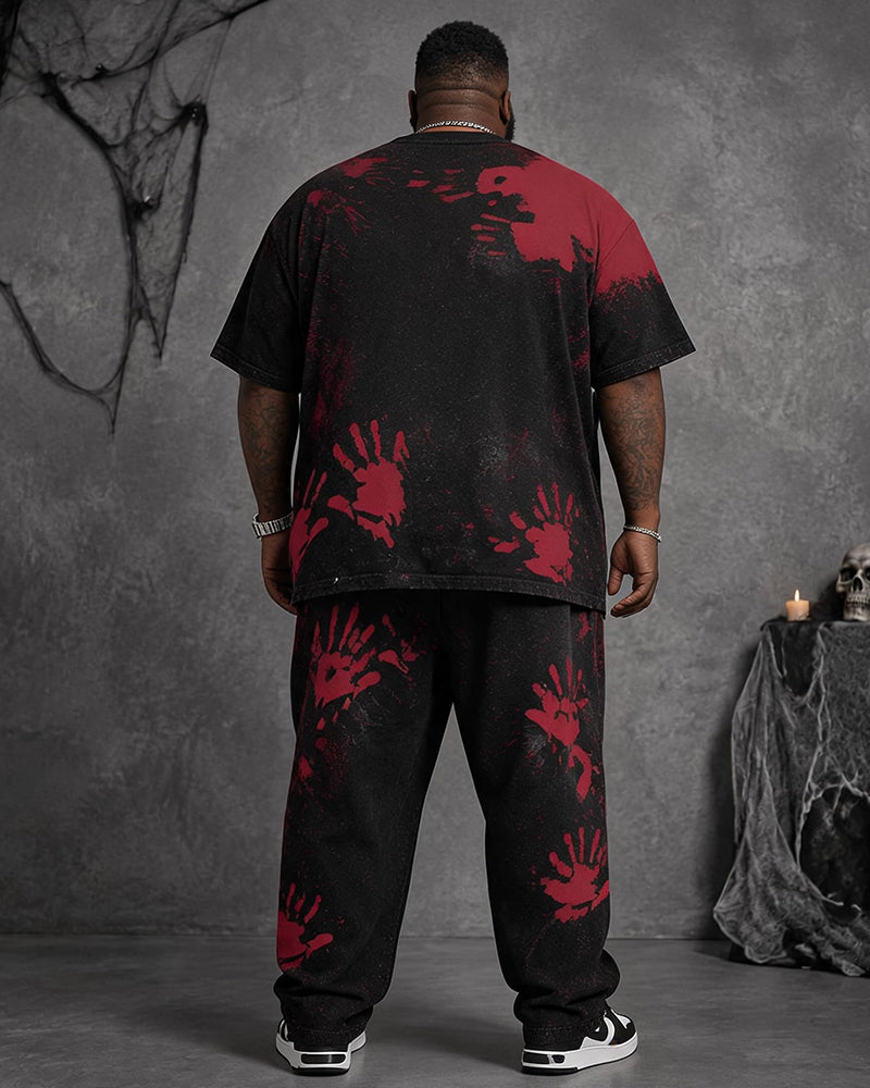 Big & Tall Men's Retro Distressed Blood Handprint Letter Printed T-shirt Trousers Set
