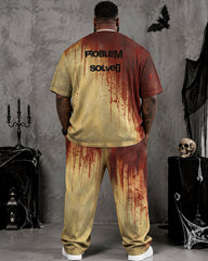 Big & Tall Men's Vintage Bloodstain Gradient Problem Solved Printed T-Shirt Pants Set