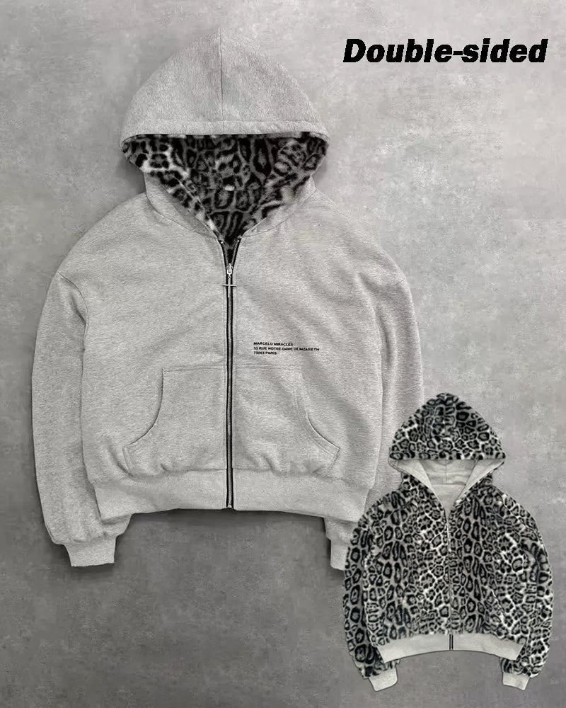 Big & Tall Men's Leopard Print Two-Face Zipper Loose Hooded Sweat S-2XL