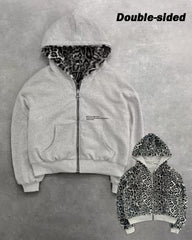 Big & Tall Men's Leopard Print Two-Face Zipper Loose Hooded Sweat S-2XL