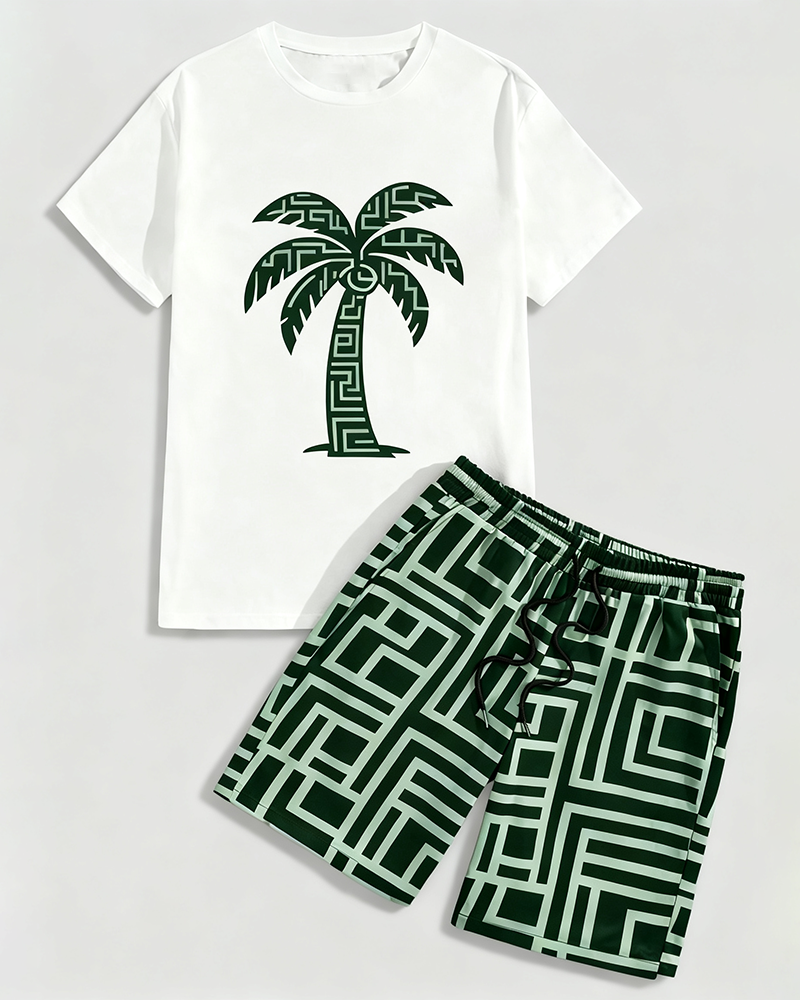 Big & Tall Men's Geometric Maze Coconut Print Round Neck Short Sleeve T-shirt Shorts Set