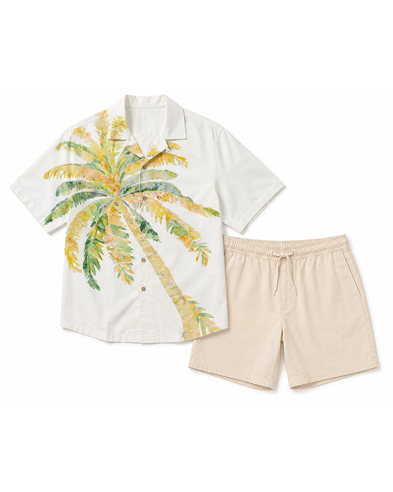 Big & Tall Men's Watercolor Palm Tree Print Short Sleeve Shirt Shorts Set