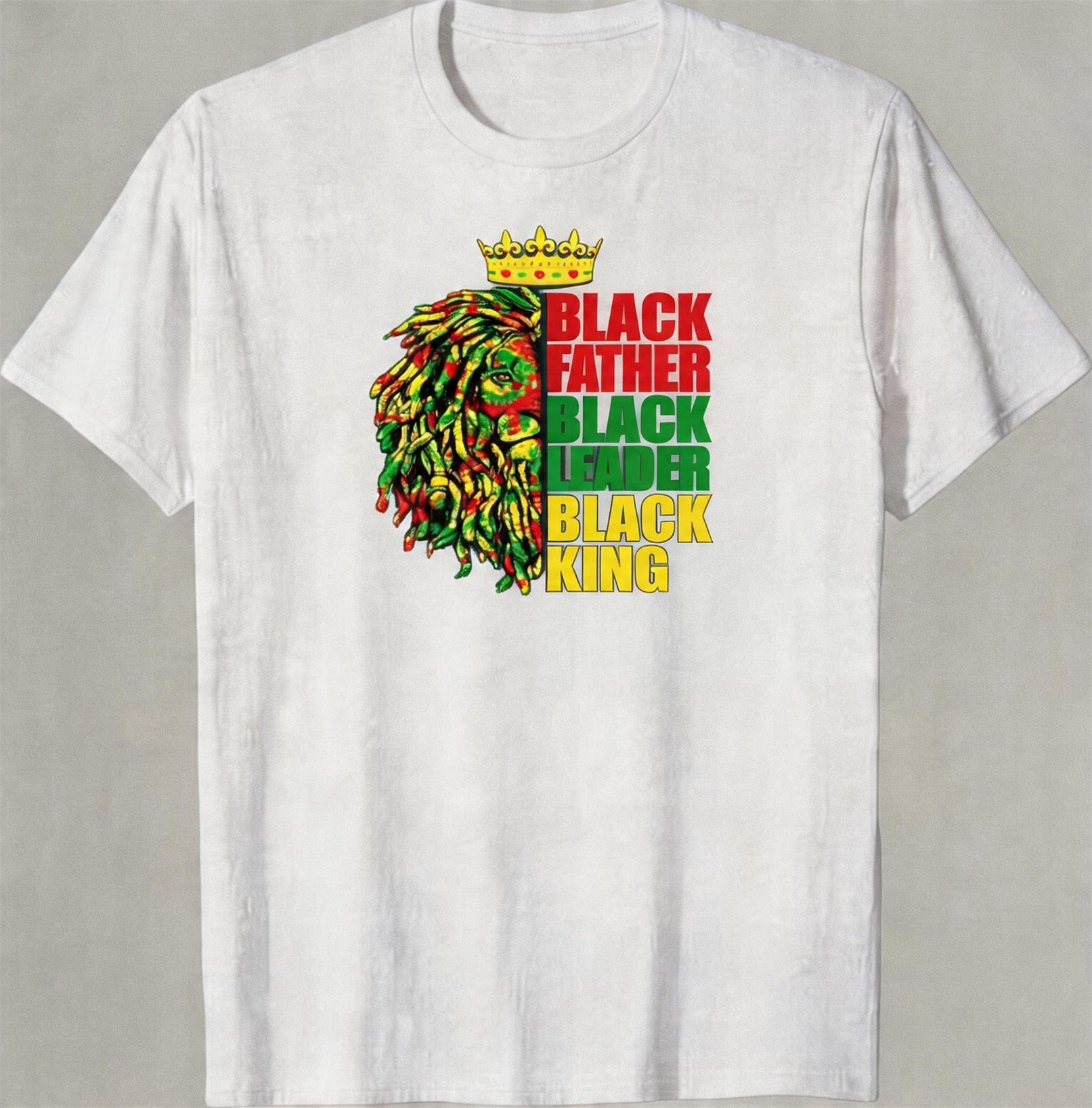 Big & Tall Men's Black Father Lion Red, Yellow, And Green Crown Print Crewneck Short-Sleeve T-Shirt