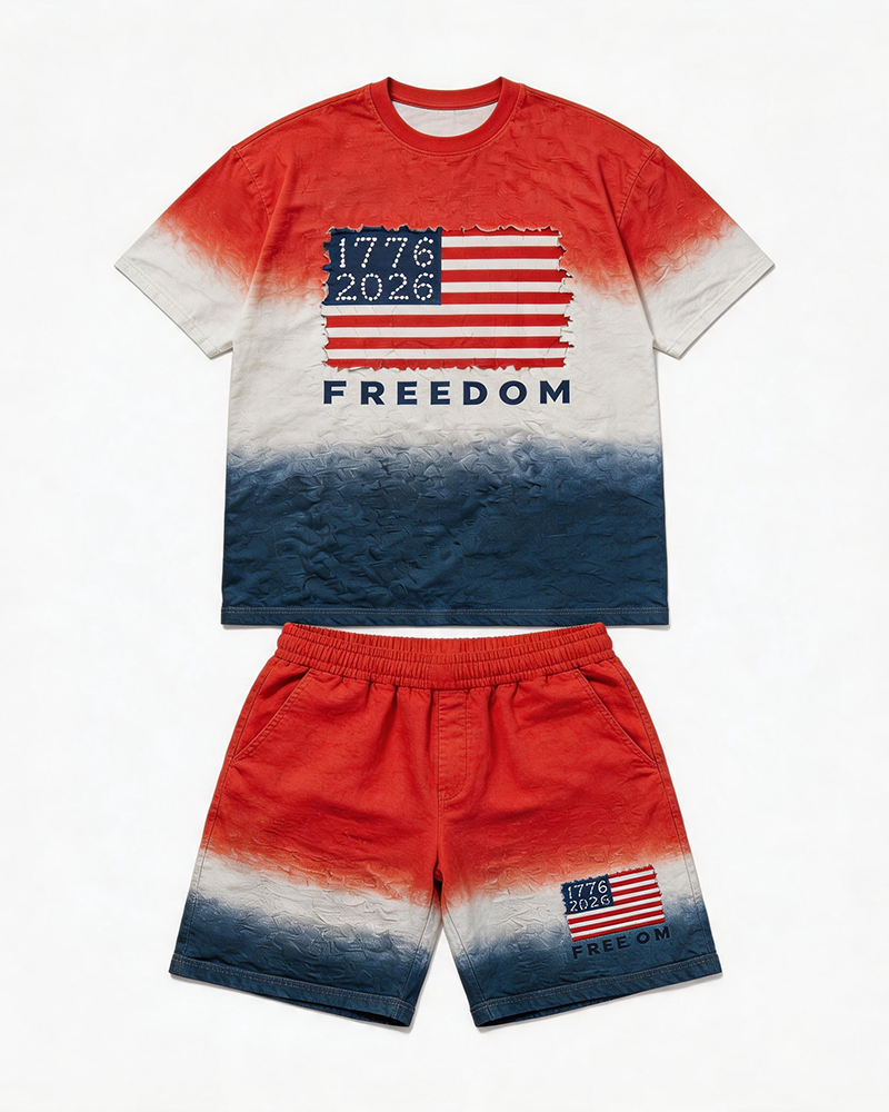 Big & Tall Men’s Gradient Flag 1776-2026 Printed Crew-Neck Short-Sleeve T-Shirt And Shorts Set