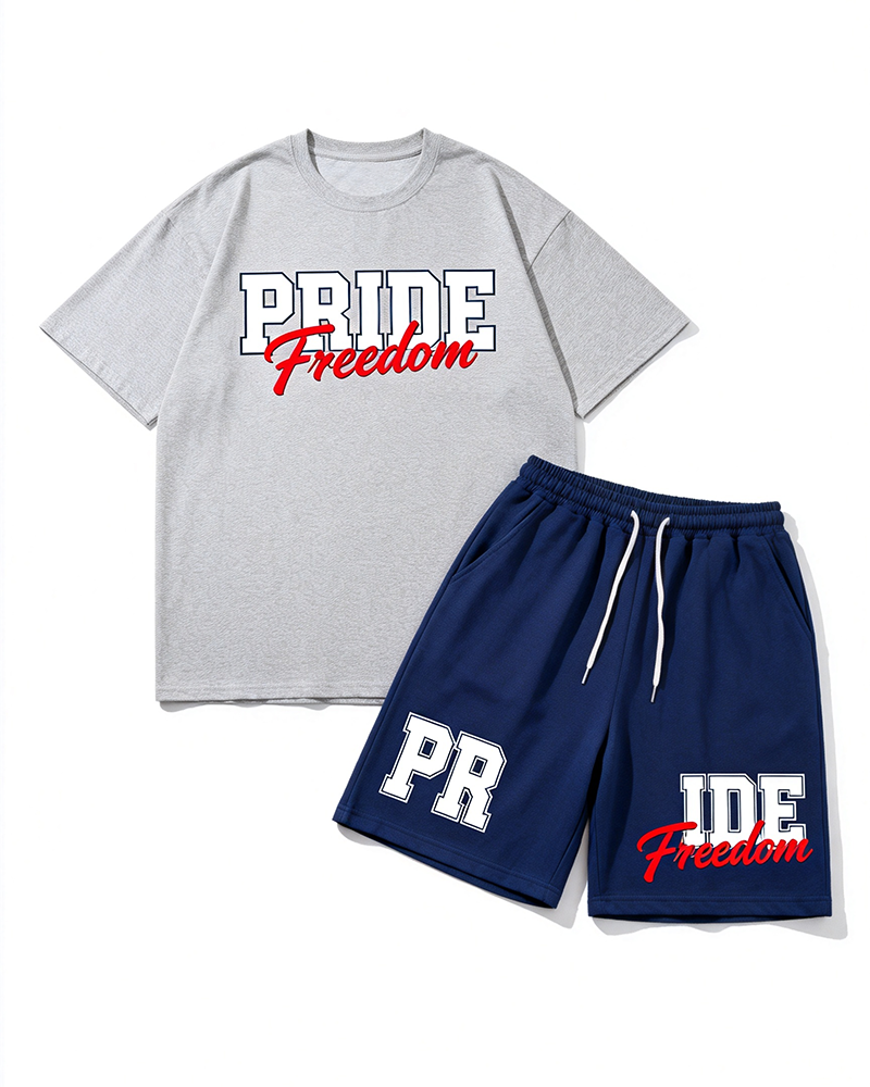 Big & Tall Men's PRIDE Freedom Letter Print Round Neck Short Sleeve T-Shirt Shorts Set