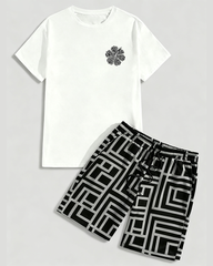 Big & Tall Men's Black And White Labyrinth Floral Print Round Neck Short Sleeve T-Shirt Shorts Set