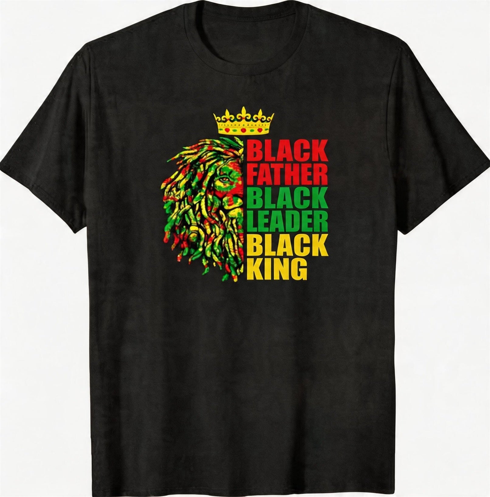 Big & Tall Men's Black Father Lion Red, Yellow, And Green Crown Print Crewneck Short-Sleeve T-Shirt