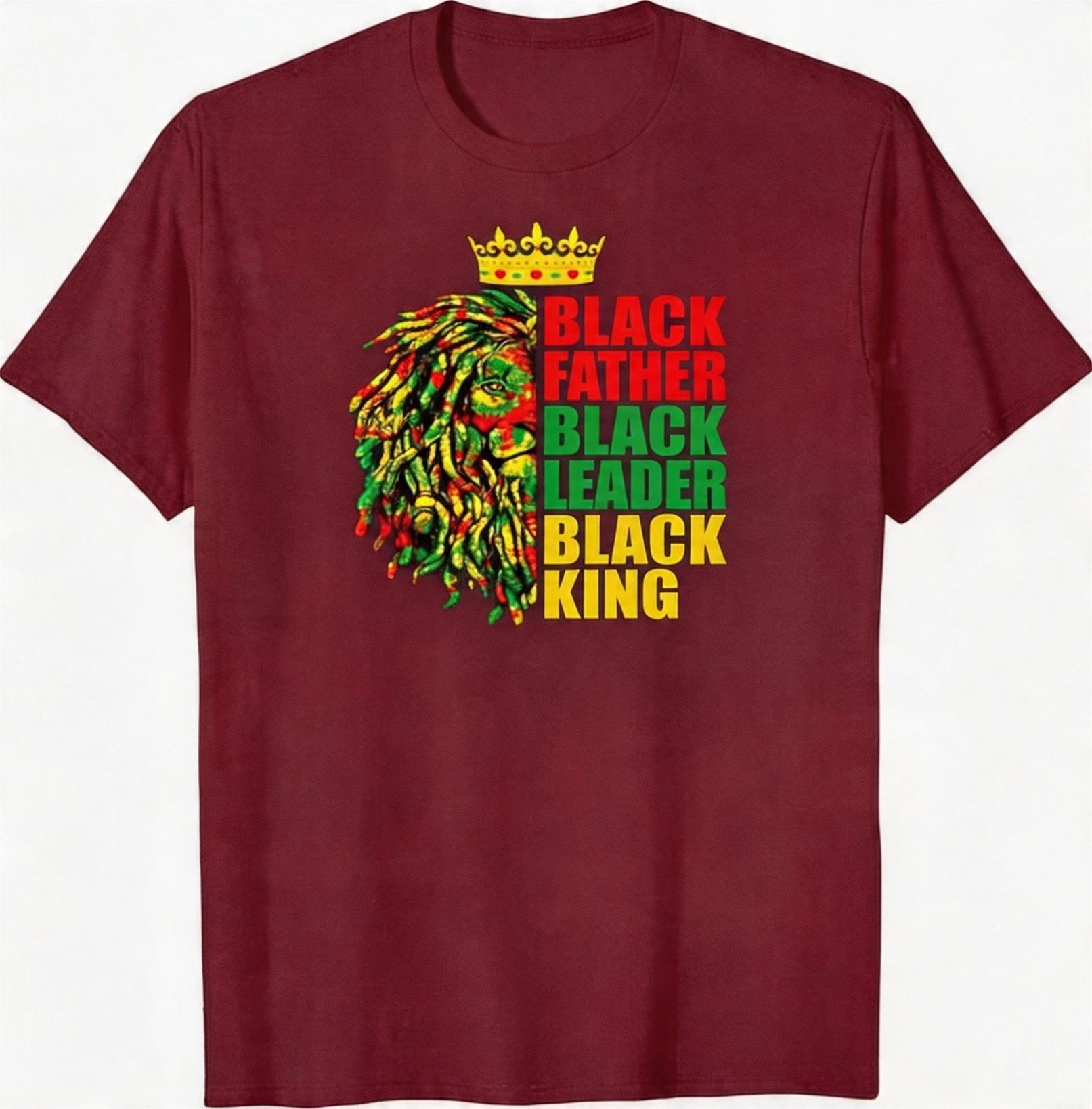 Big & Tall Men's Black Father Lion Red, Yellow, And Green Crown Print Crewneck Short-Sleeve T-Shirt