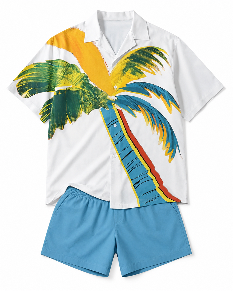 Big & Tall Men's Hand-painted Palm Tree Print Short Sleeve Shirt Shorts Set