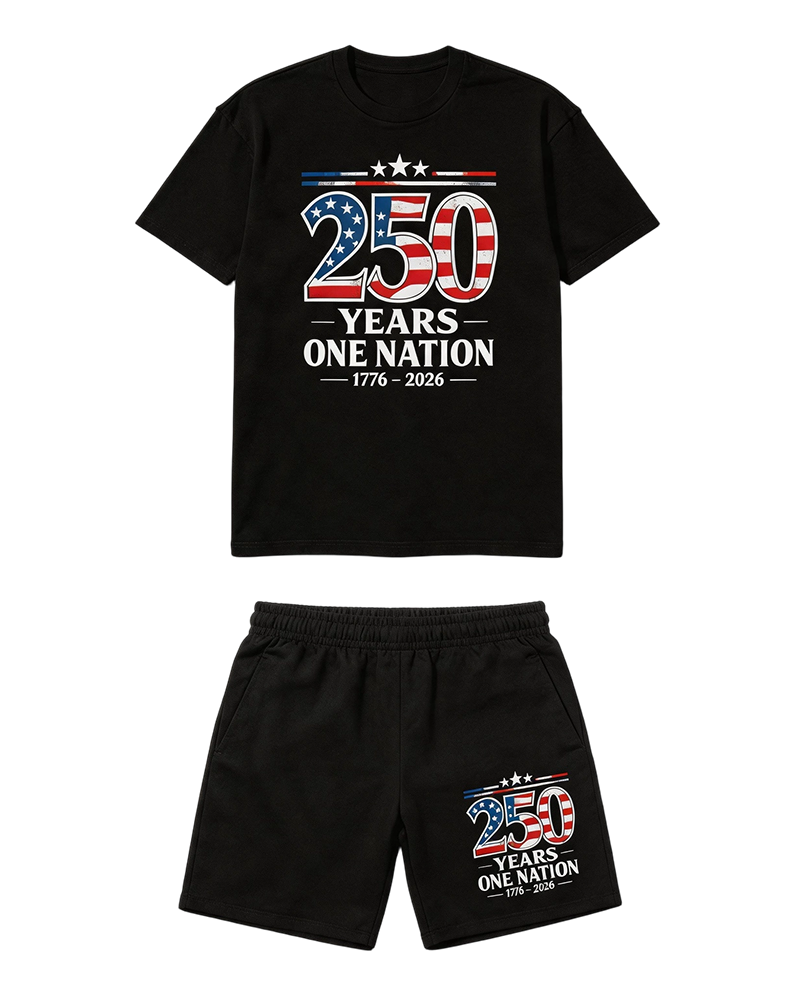 Big & Tall Men's 250 Anniversary Flag Alphabet Print Crewneck Short Sleeve T-Shirt Shorts Set