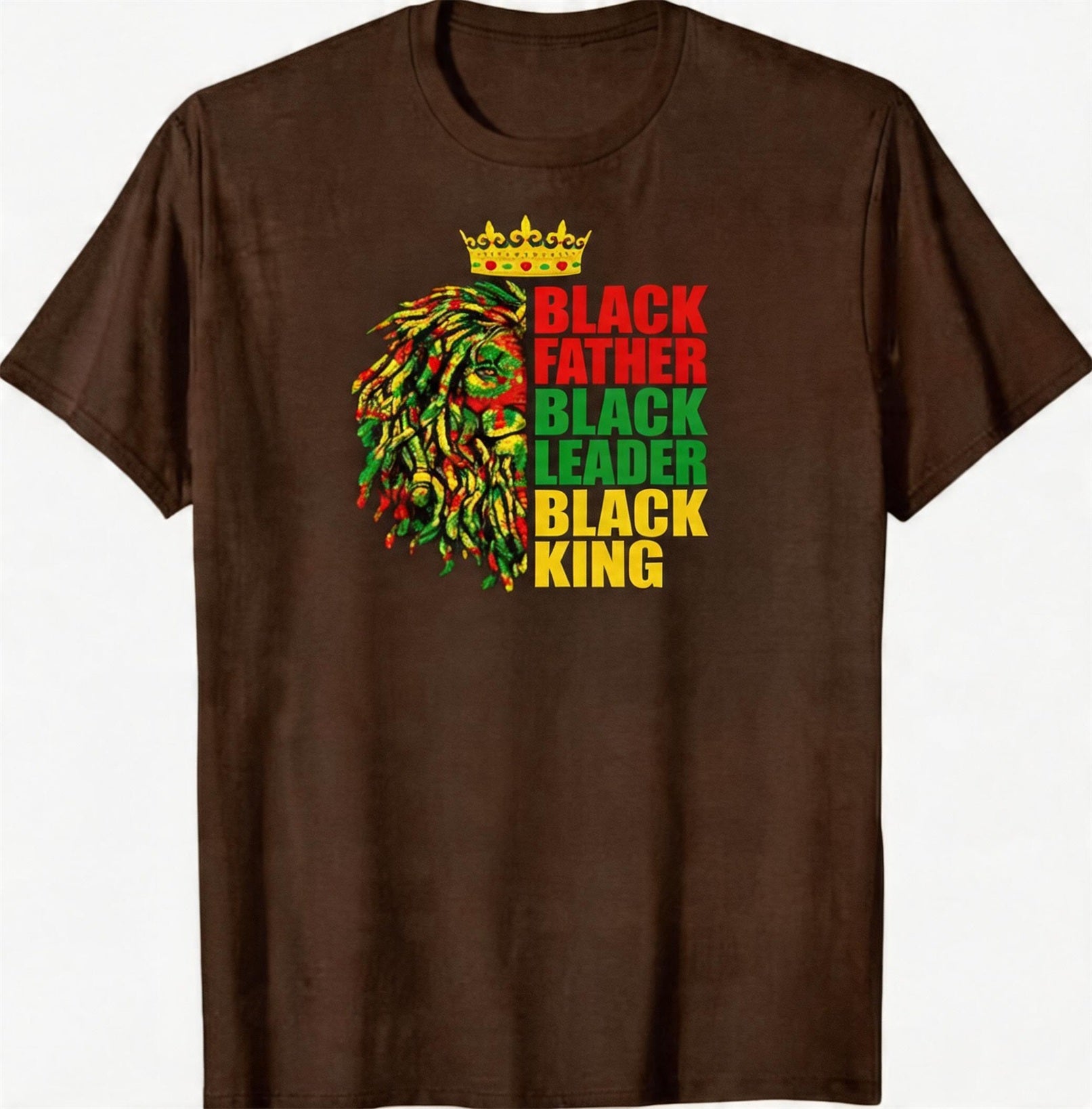 Big & Tall Men's Black Father Lion Red, Yellow, And Green Crown Print Crewneck Short-Sleeve T-Shirt