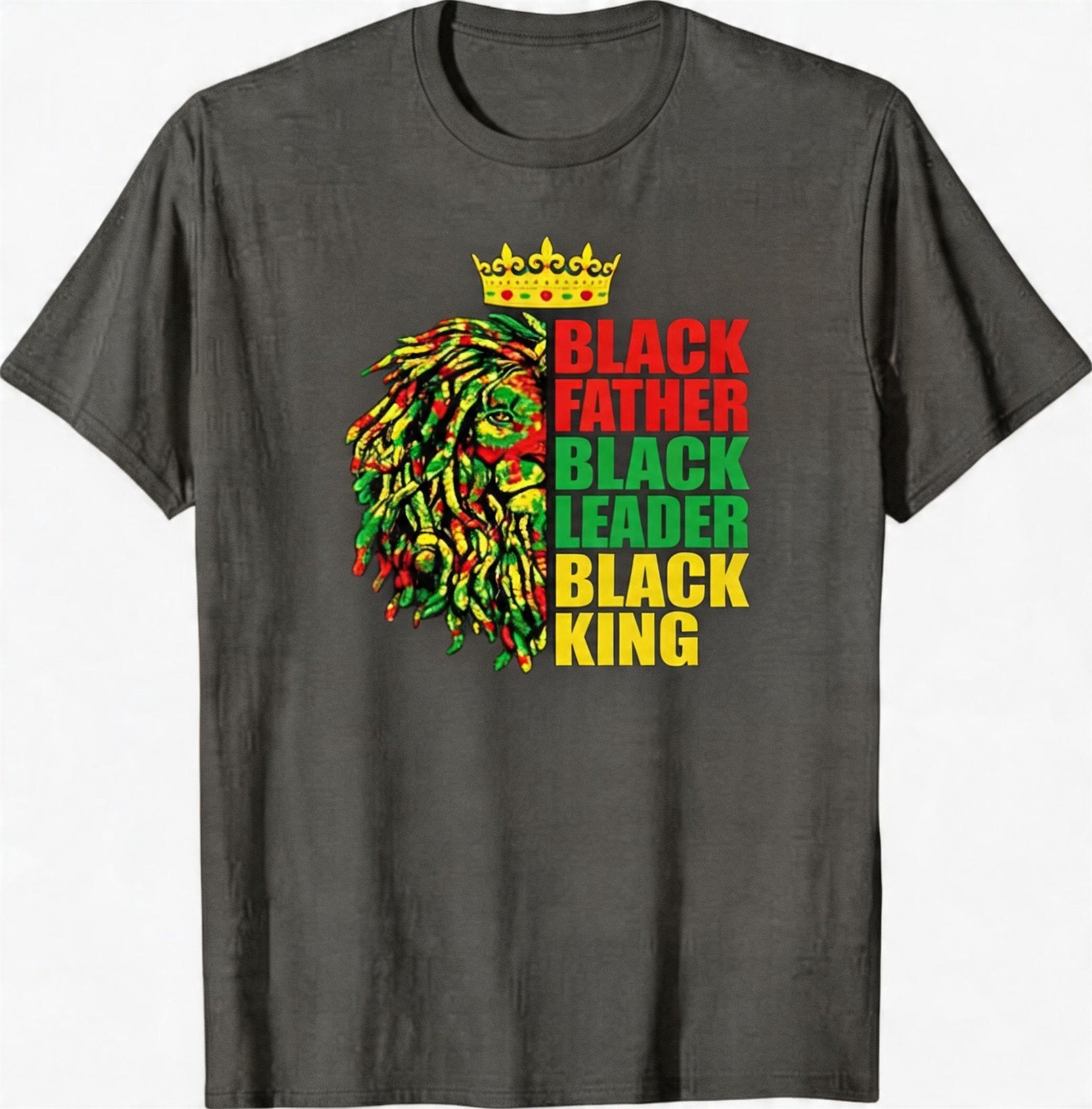 Big & Tall Men's Black Father Lion Red, Yellow, And Green Crown Print Crewneck Short-Sleeve T-Shirt