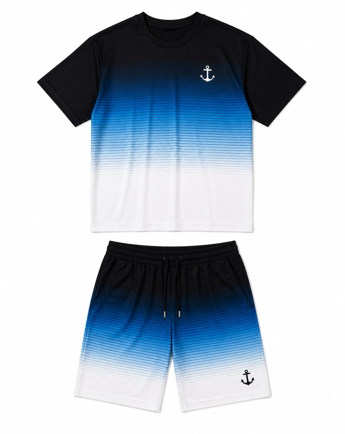 Big & Tall Men's Blue And White Gradient Stripe Anchor Printed Round Neck Short Sleeve T-Shirt Shorts Set
