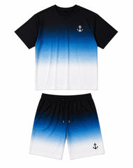 Big & Tall Men's Blue And White Gradient Stripe Anchor Printed Round Neck Short Sleeve T-Shirt Shorts Set