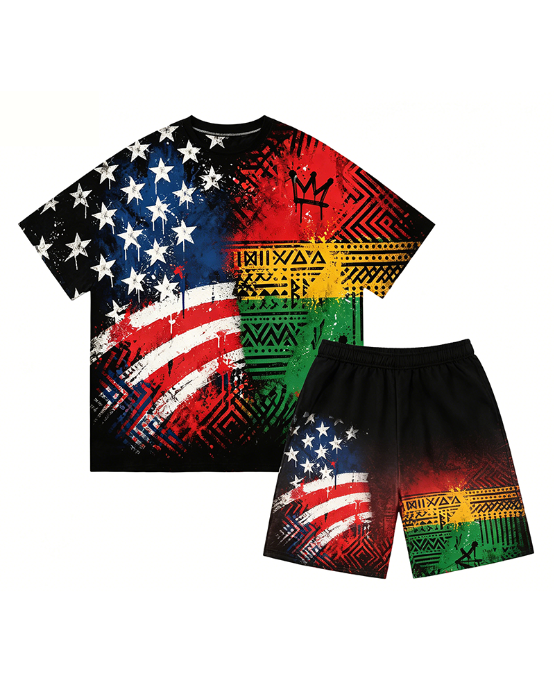 Big & Tall Men's Reggae Color African Totem American Flag Print Round Neck Short Sleeve T-Shirt Shorts Set