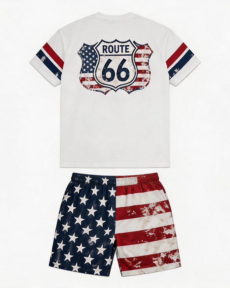 Big & Tall Men's Distressed Flag Road 66 Printed Crew Neck Short Sleeve T-shirt Shorts Set