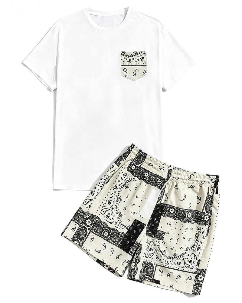 Big & Tall Men's Paisley Pocket Patchwork Printed Round Neck Short Sleeve T-Shirt Shorts Set