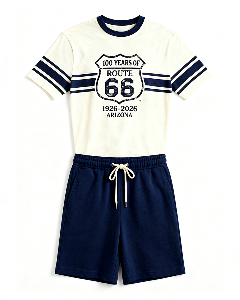 Big & Tall Men's Route 66 Centennial Striped Shield Printed Crewneck Short Sleeve T-Shirt Shorts Set