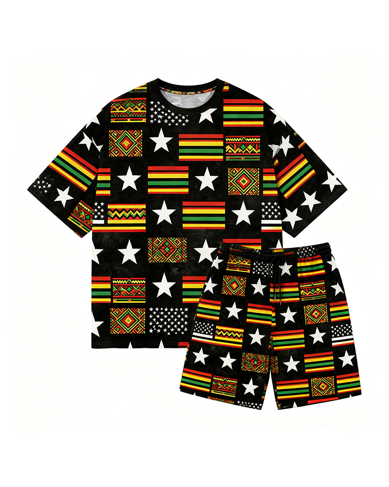 Big & Tall Men's Reggae Color Star Geometric Print Round Neck Short Sleeve T-Shirt Shorts Set