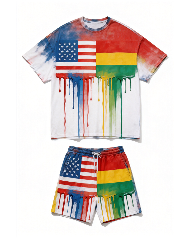 Big & Tall Men's Reggae Color Drip American Flag Printed Round Neck Short Sleeve T-Shirt Shorts Set