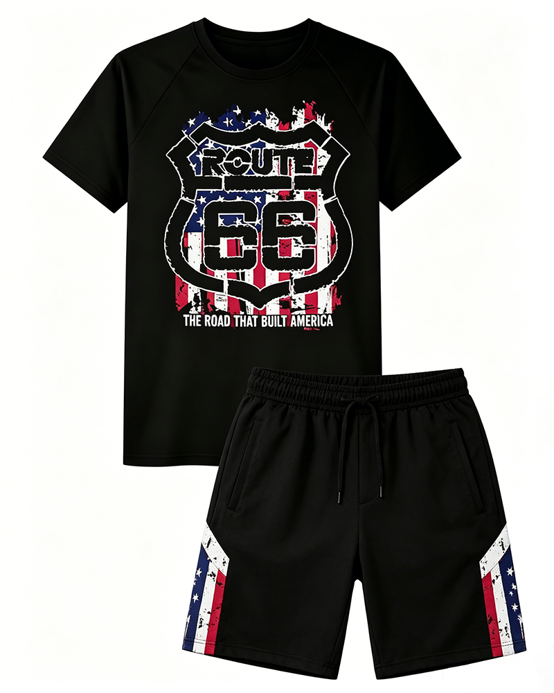 Big & Tall Men's Distressed Flag Route 66 Shield Printed Crew Neck Short Sleeve T-shirt Shorts Set