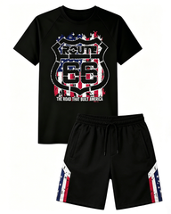 Big & Tall Men's Distressed Flag Route 66 Shield Printed Crew Neck Short Sleeve T-shirt Shorts Set