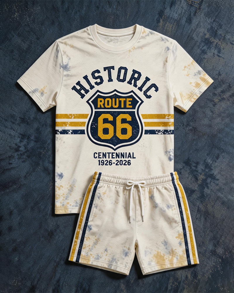 Big & Tall Men's Tie-Dye Route 66 Centennial Printed Crewneck Short Sleeve T-Shirt Shorts Set