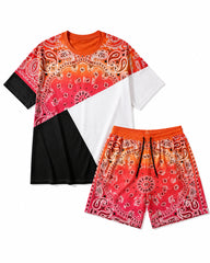 Big & Tall Men’s Orange-Red Ombre Paisley Patchwork Print Crew-Neck Short-Sleeve T-Shirt And Shorts Set