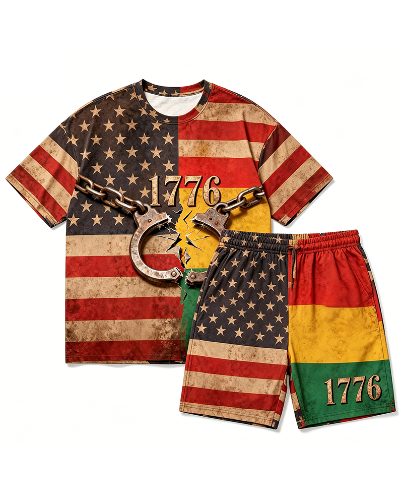 Big & Tall Men's 1776 Broken Handcuffs Reggae Color Matching US Flag Printed Crewneck Short Sleeve T-Shirt Shorts Set