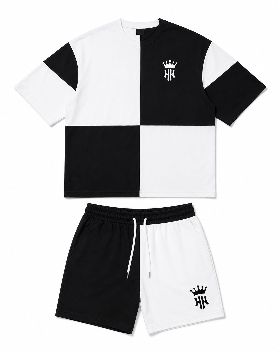 Big & Tall Men's Black And White Checkerboard Stitching Crown Printed Round Neck Short Sleeve T-shirt Shorts Set