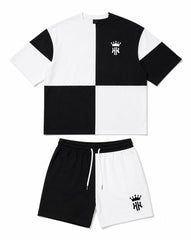Big & Tall Men's Black And White Checkerboard Stitching Crown Printed Round Neck Short Sleeve T-shirt Shorts Set