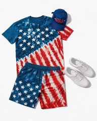 Big & Tall Men's Tie-dye Star-stripe Contrast Printed Crew Neck Short Sleeve T-shirt Shorts Set