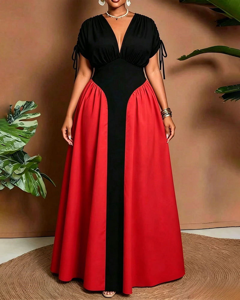 L-4XL Simple V-neck Solid Color Stitching Waist Mid-length Dress