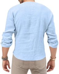 S-3XL Cotton Linen Deep V-Neck Solid Color Long Sleeve T-Shirt