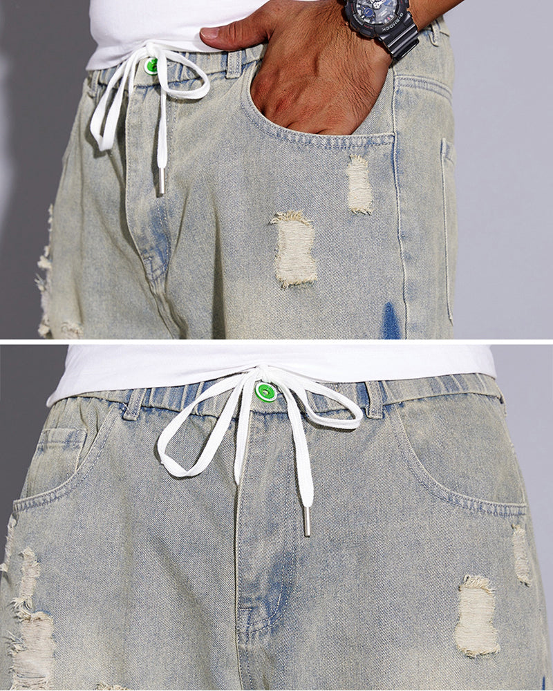 3XL-8XL Summer Elastic Waist Denim Shorts-loose High Elastic