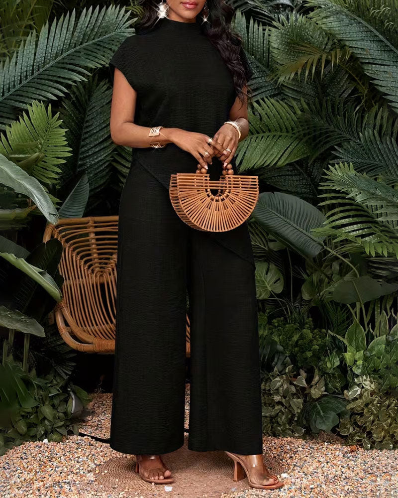 S-2XL Casual Solid Color Asymmetric Top Pants Set
