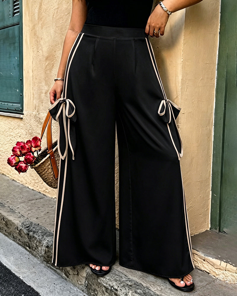 XL-5XL High Waist Side Contrast Decorative Bow Casual Pants