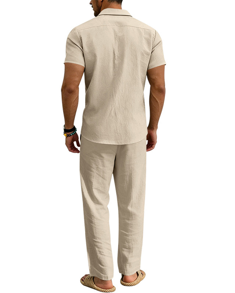 S-3XL Summer Linen Lapel Short Sleeve Shirt Casual Trousers Two-piece Set