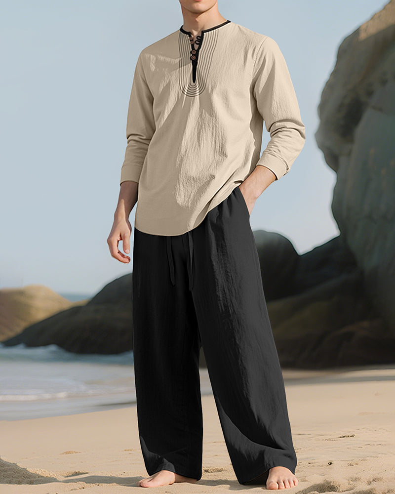 S-3XL Linen Breathable Long Sleeve Trousers Beach Suit