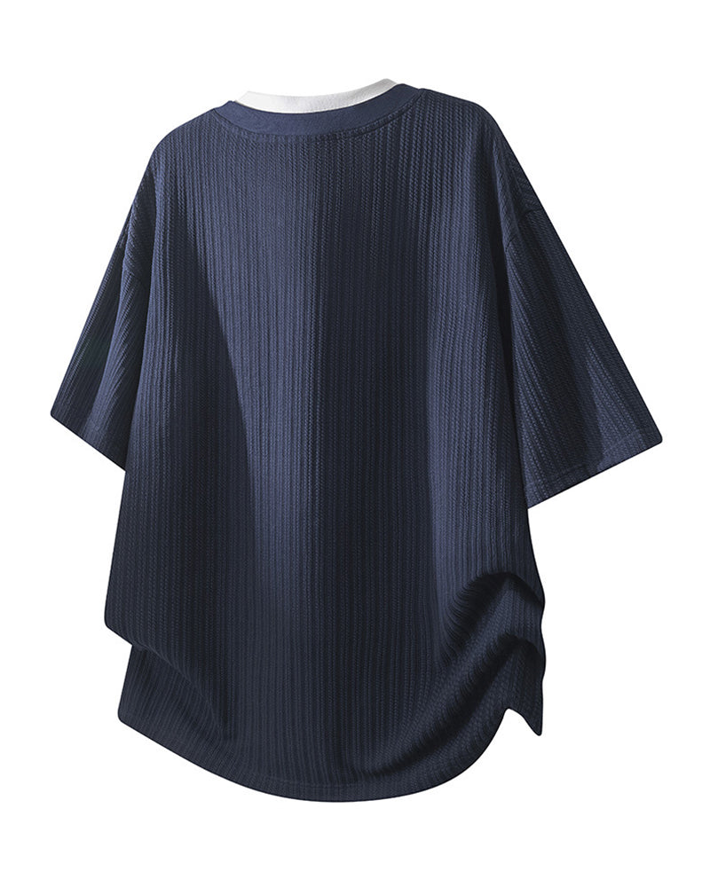 M-8XL Fake Two-Piece Henry Collar Short-Sleeve Tee