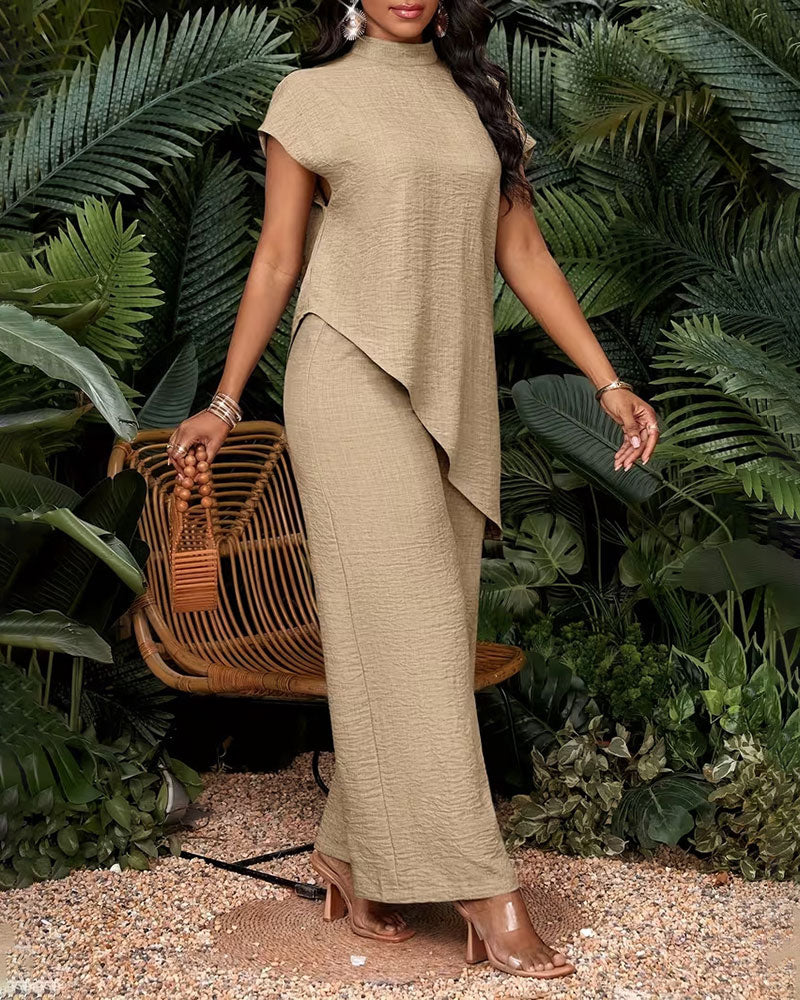 S-2XL Casual Solid Color Asymmetric Top Pants Set