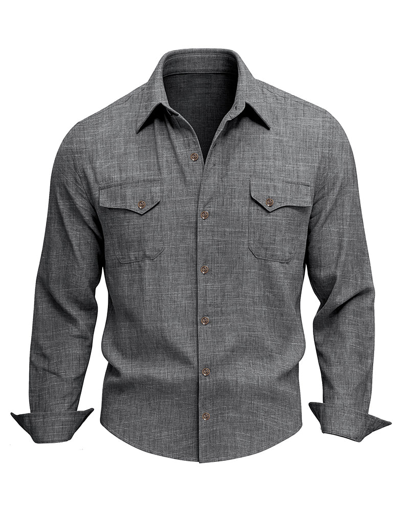 M-3XL Solid Color Casual Double Pocket Long Sleeve Levers Shirt